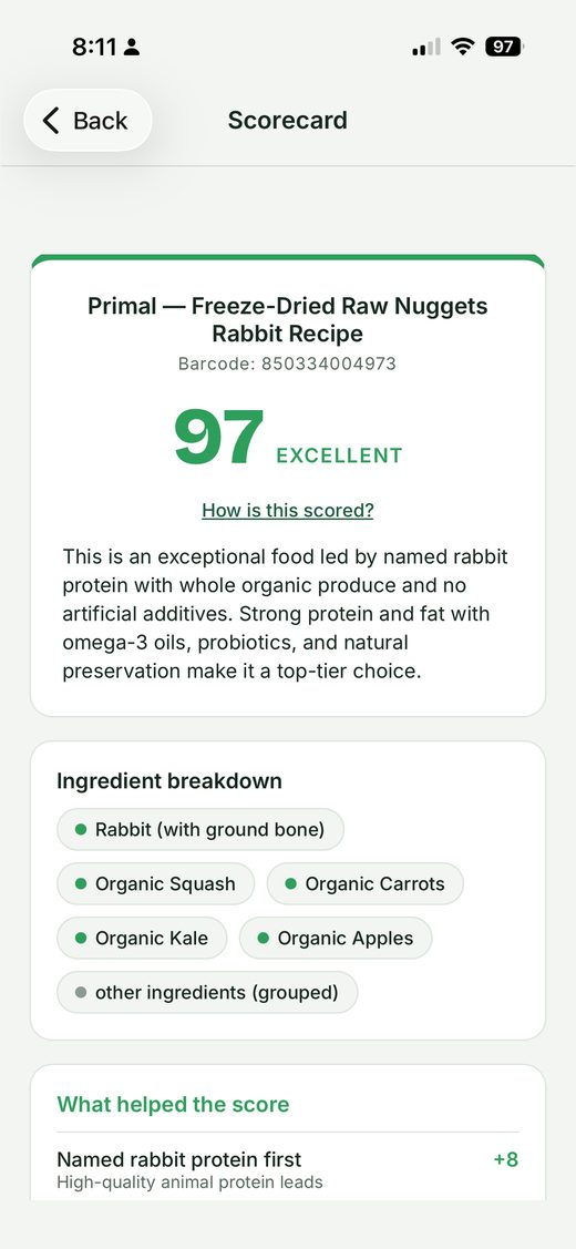 A scorecard showing a score of 97 rated Excellent with the full ingredient breakdown